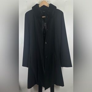 NWOT Sanyo Womens Detachable Fur Collar Black Button Up Trench Coat Belted Large